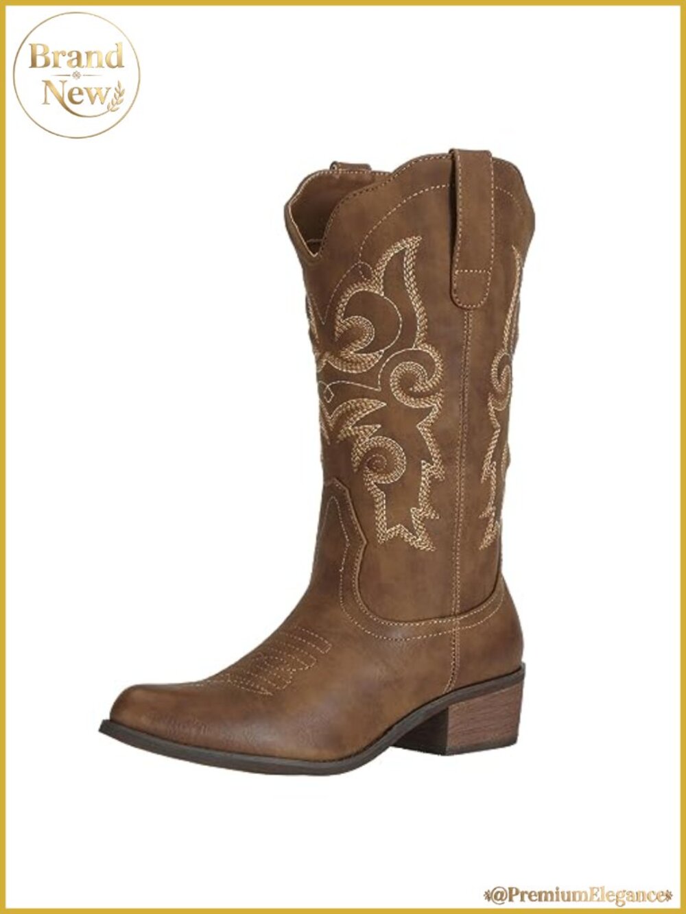 Faux Leather Western Cowgirl Boots Mid Calf Wide Calf Pointed Toe